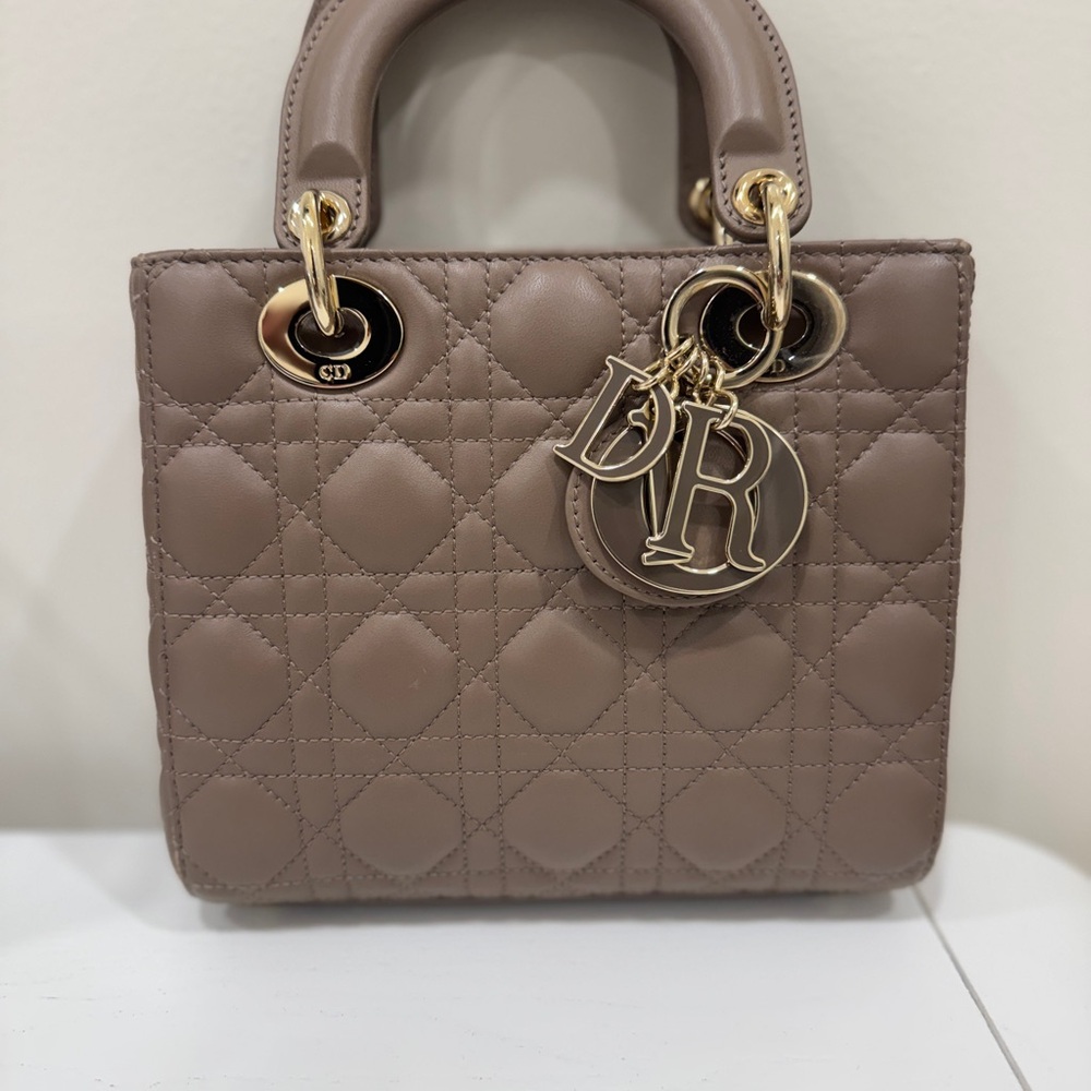 Dior Taupe Quilted Lady Dior Satchel with Gold Hardware